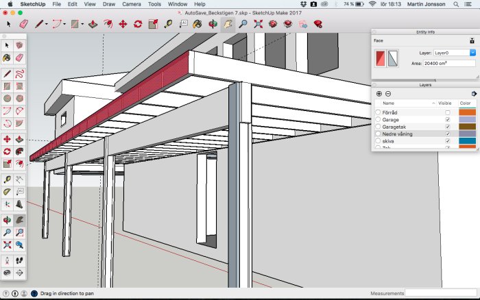 Skärmbild av en 3D-modell i SketchUp som visar en byggnadsstruktur från en annan vinkel.