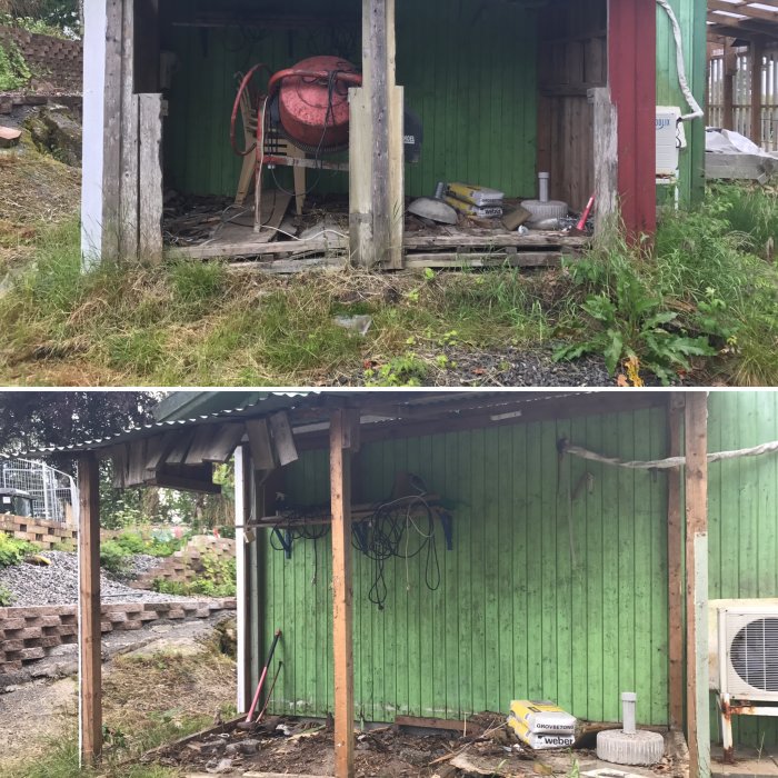 Före och efter bilder av rivningsprocessen av ett grönt förråd bakom ett garage.