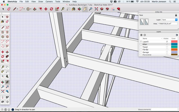 3D-modell av trästomme för byggprojekt med fokus på fästpunkter och bultförband.