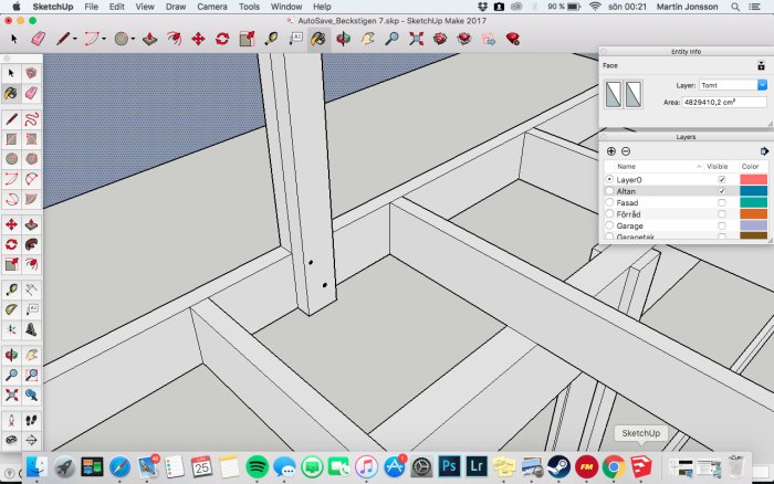 Datorgenererad 3D-modell av byggkonstruktion med stolpe, kantregel och spikreglar i ett byggprojekt.