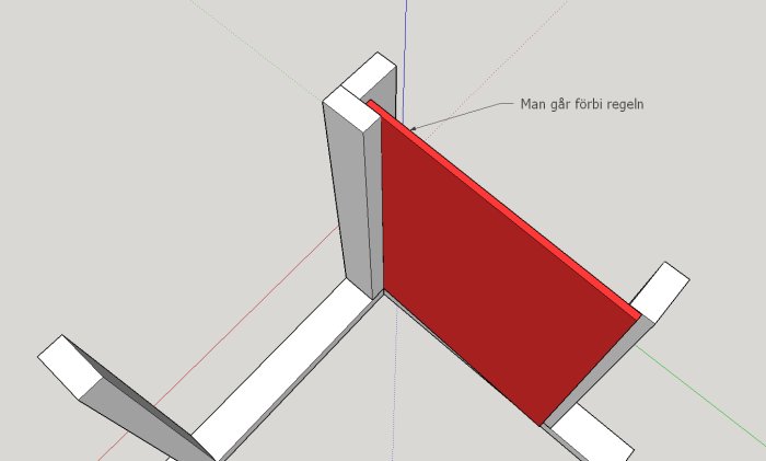 3D-modell av en träkonstruktion där en röd skiva passerar en lodrät regel.