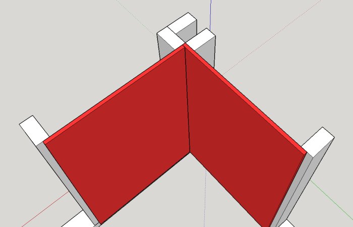 3D-modell av ett hörn med plåtvinklar och en röd 45x45 stödstruktur.