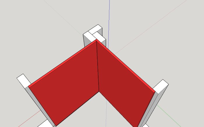 3D-modell av hörnkonstruktion med röda plåtdelar och en 45x45 stödvinkel.