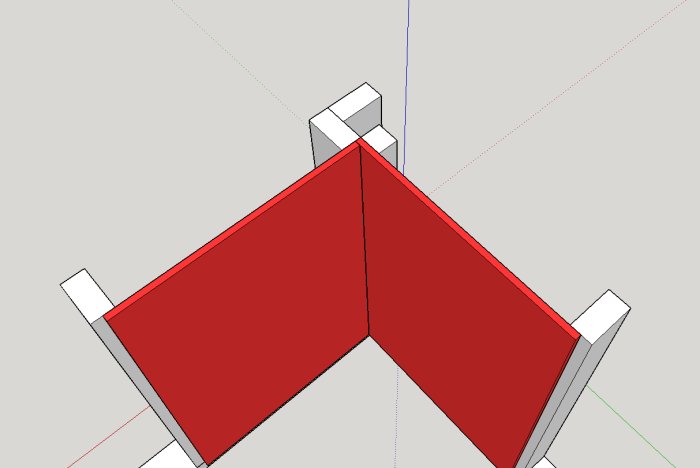 CAD-ritning av ett hörn med två röda väggar som stöds av en vit 45x45 vinkelprofil.