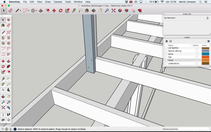 Skärmdump av SketchUp-modell visande förslag på fästning av stolpar i en träkonstruktion.