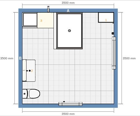 Planlösning av ett tomt rum med markerade platser för tvättmaskin, toalett, handfat och förvaring, för en budgetrenovering.