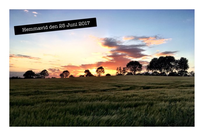 Solnedgång över ett fält med texten "Hemmavid den 25 Juni 2017" i övre delen.