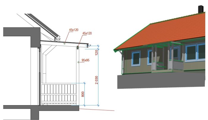 Ritningar av en förstuga i två vyer, dels en teknisk snittskiss och dels en 3D-modell av ett hus.