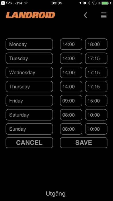 Skärmdump av LANDROID-app med veckoschema för klipptider, måndag till söndag, med spar- och avbrytknappar.