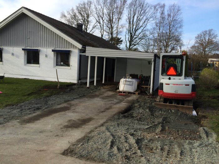 Arbetsområde med grävmaskin vid hus, utgrävd mark för stenläggning vänster och grus till höger.