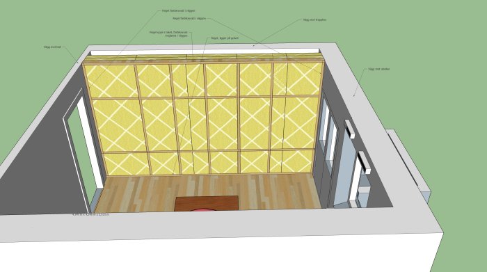 3D-modell av en inomhusmiljö under konstruktion med synlig isolering i väggarna och en regel lagd på linoleumgolv.