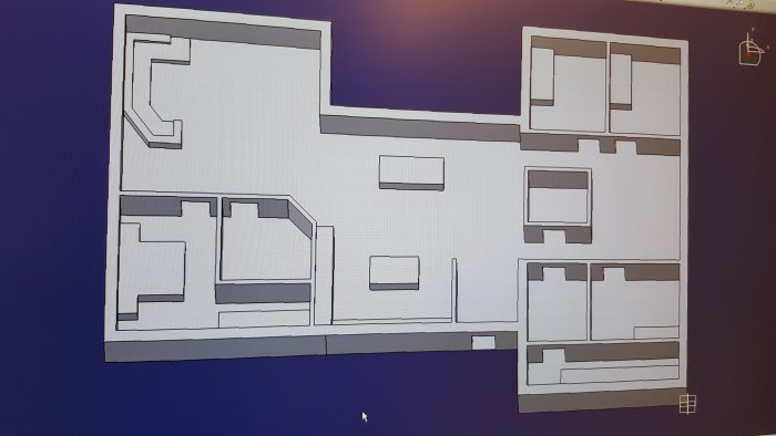 Ritning av en planlösning för ett hus med markerade rum för kök, matsal, vardagsrum, sovrum och walk-in closet.