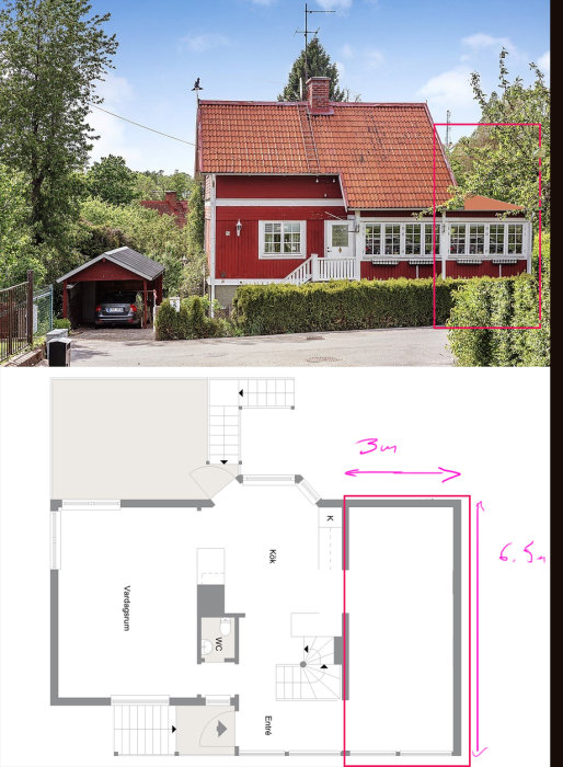 Foto och skiss av rött hus med planerad tillbyggnad markerad, ingen källarvåning synlig.