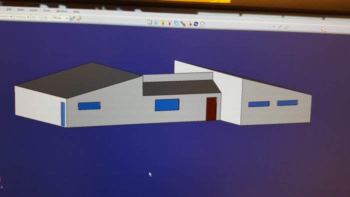 En dataskapad skiss av ett modernt hus med olika fönsterplaceringar och en röd dörr.