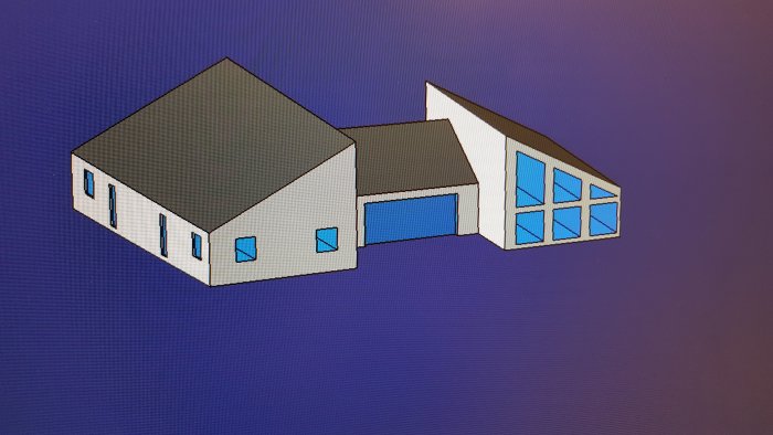 Enkel skiss av ett hus med tydlig fönstersättning, vardagsrum/matsal med stora fönster mot söder/väster.