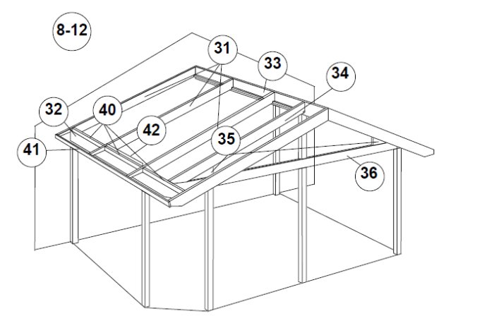 Linjedrawing av stommen till ett uterum med numrerade delar som visar sadeltakskonstruktion.