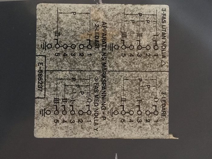 Bild på en gammal etikett med teknisk information om elanslutning för spis, med symboler för 230V och 400V anslutningar.