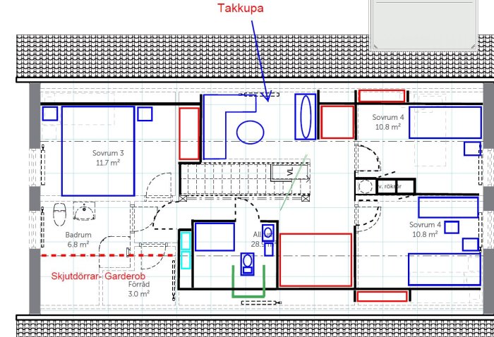 Ritning av övervåning med markerad takkupa och planerad placering av luftkonditionering över fönster.