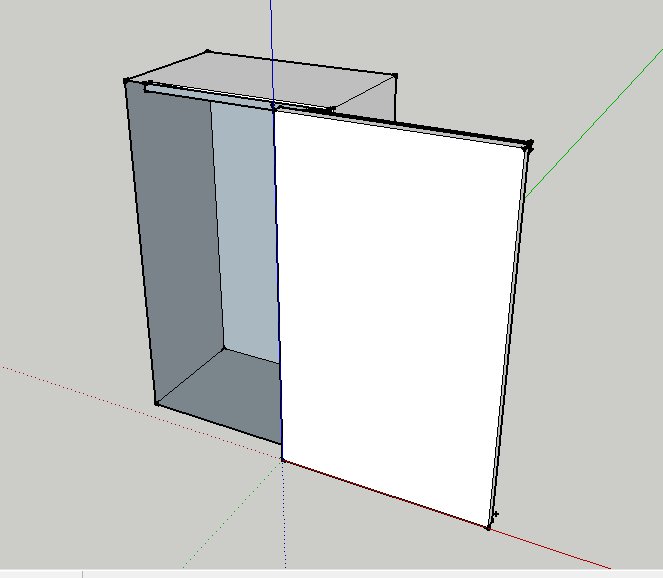 3D-modell av ett öppet köksskåp med en vit skjutlucka vid sidan om.