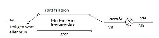 Schematisk bild av en korrekt elektrisk koppling med ledningar och två strömbrytare märkta "fas," "nolla," och "tändetråd.