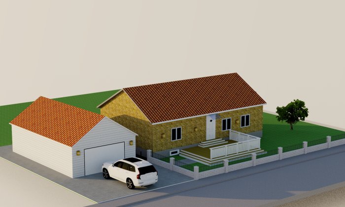 3D-rendering av gult tegelhus med rött tak, vit garagebyggnad och bil, samt planerad stenmur.