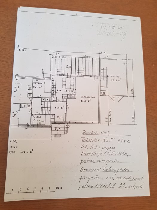 Arkitektritning av en bostadsplan som visas från ovan med måttangivelser och anteckningar, placerad på ett bord.