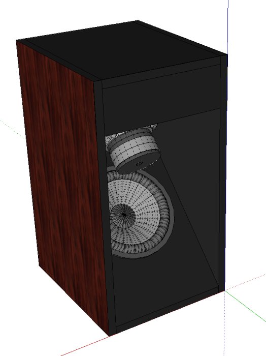 3D-ritning av en egenbyggd högtalare med betsade sidor och en 12" element framifrån.