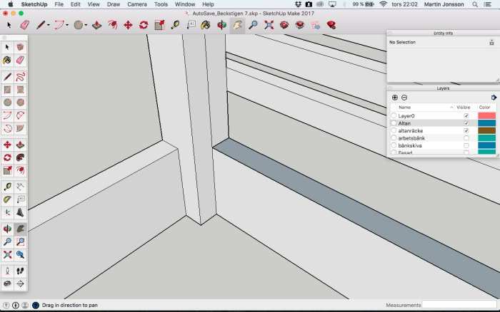 3D-modell av ett hörn av en altan med en limmad och skruvad stolpe i en designprogrammiljö.