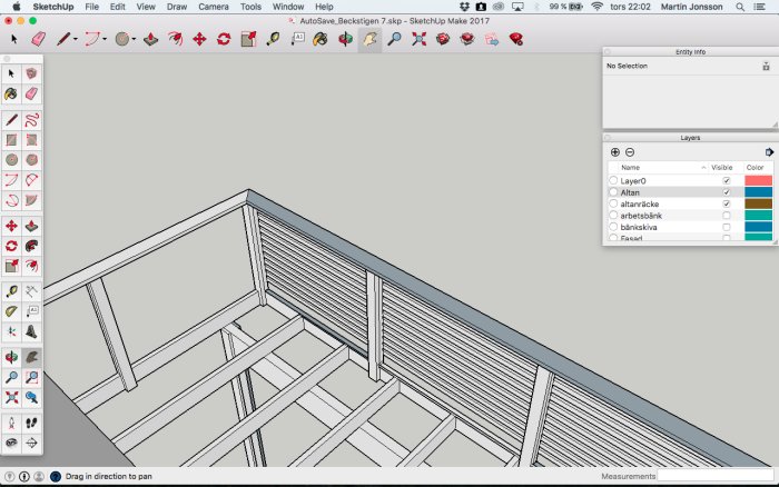 3D-modell av ett altanbygge med hörnstolpe och räcke i SketchUp.