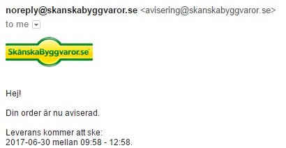 E-postmeddelande från SkånskaByggvaror med avisering om orderleverans mellan kl. 09:58-12:58.