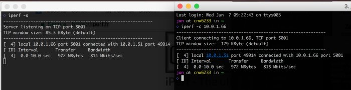 Skärmdump av iperf-resultat som visar en throughput på 814 Mbit/s och 815 Mbit/s i en terminal.