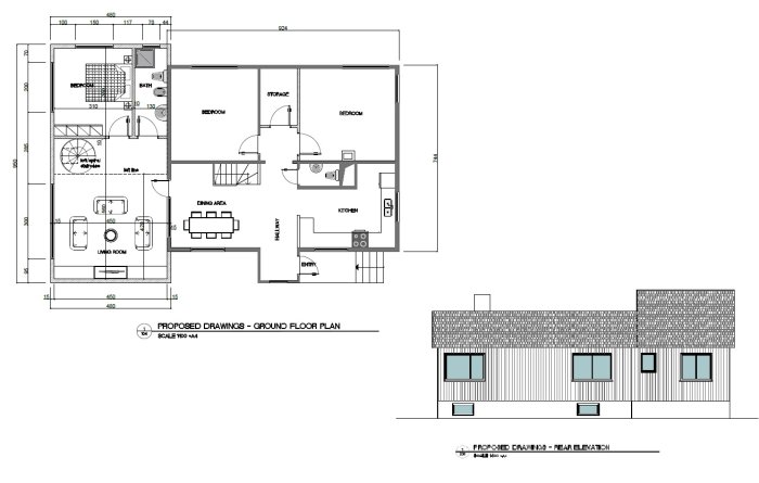 Arkitektritning av enplanshus med källare och tillbyggnad inklusive snitt och bottenplan.