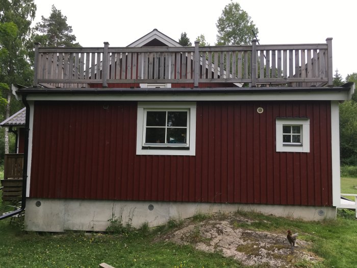 Rött trähus med vit veranda och en höna framför huset på en gräsmatta.