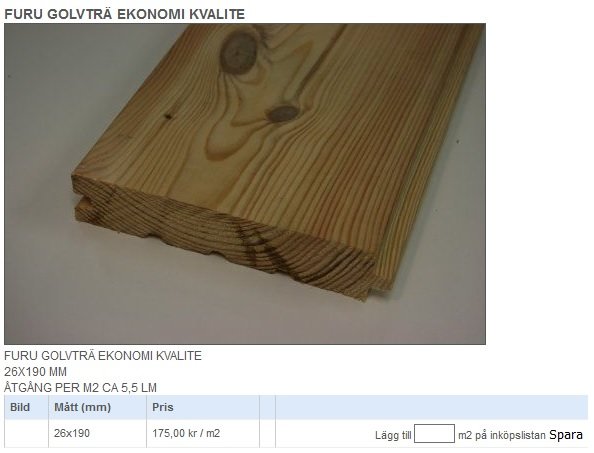 Stapel av furugolvträ i ekonomikvalitet, lämpligt för bostadsutrymmen, med prisinformation.