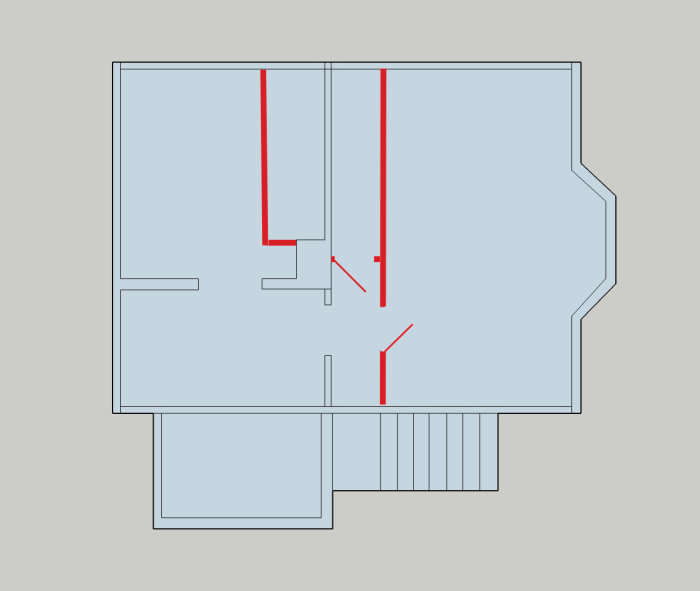 Ritning av våningsplan med nya rödmarkerade väggar för byggprojekt.
