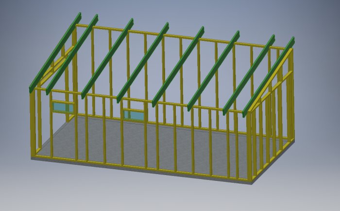 3D-modell av ett garagestomme med dimensionering av takreglar och stolpar i grönt och gult.