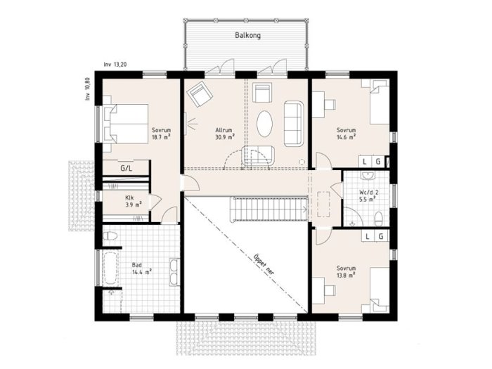 Planlösning för Ekenäs husmodell med sovrum, allrum, badrum och balkong.