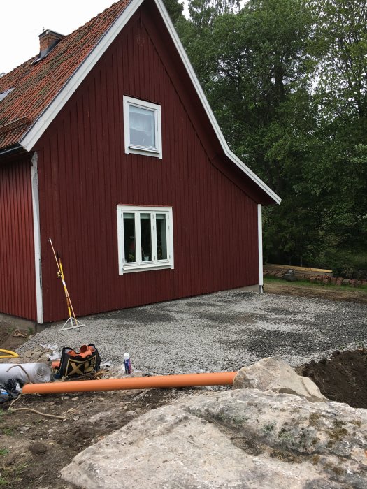 Nyanlagd dagvattenledning vid husgrund med grus och byggmaterial runtomkring.