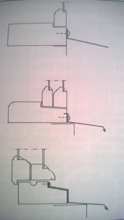 Skisser av historiska fönsterdetaljer för renovering med gångjärn och tätningar.