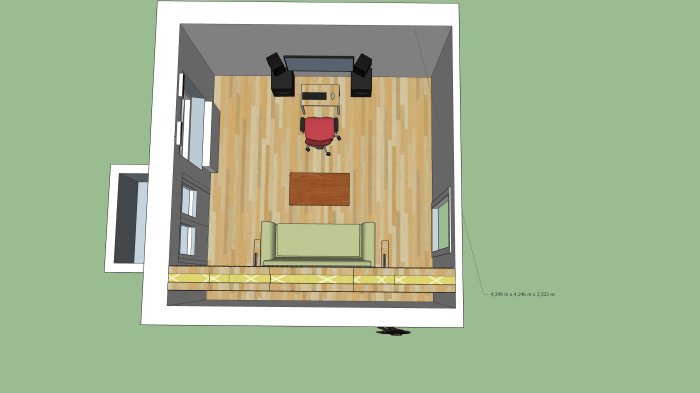 3D-ritning av ett tomt rum med trägolv och en soffa, skrivbord, stol och ljudabsorberande väggar.