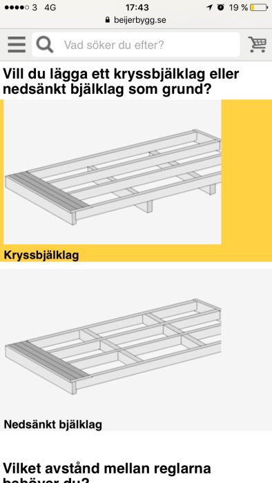 Illustration av träbjälklag med alternativet kryssbjälklag överst och nedsänkt bjälklag nedanför.