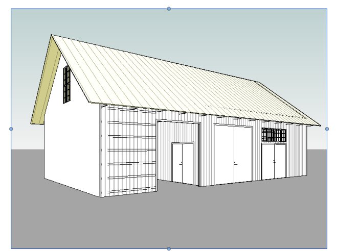 3D-modell av en framtida maskinhall med vit panel, tre portar och en gavelspets med fönster.