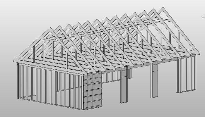 3D-skiss av en obehandlad trästomme för maskinhall med väggar och takstolar.