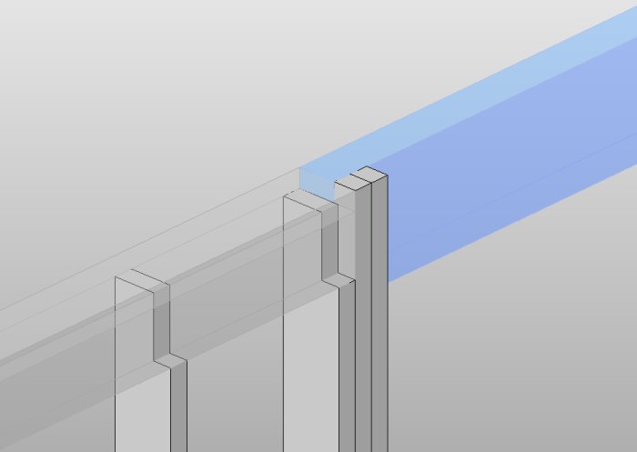 3D-modell av väggblock i trä för maskinhall med urtag för blå limträbalk.