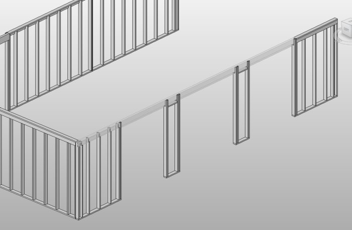 3D-skiss av regelkonstruktion för maskinhall med limträbalk indikerad i blått.