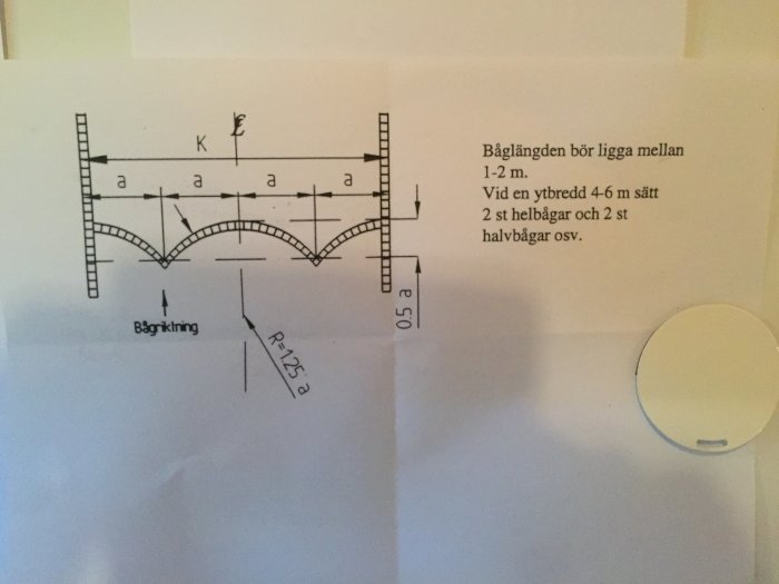 Teknisk ritning av bågkonstruktion med måttangivelser och beräkningsinstruktioner.