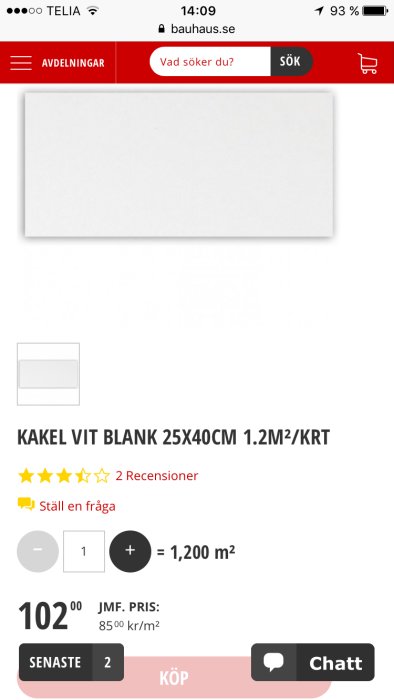 Skärmdump från Bauhaus webbplats som visar vitt blankt kakel 25x40cm tillgängligt för köp.