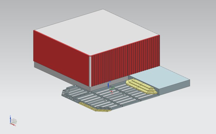 3D-modell av ett bygge med rödvita väggar och grund, inklusive trall och reglar.