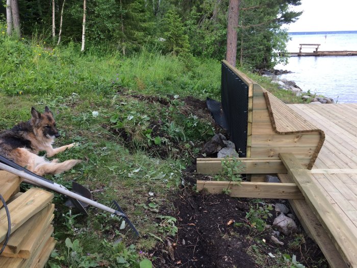 Nybyggd träbänk vid slänt nära vattnet med Platon matta, schäfer och skottkärra i förgrunden.