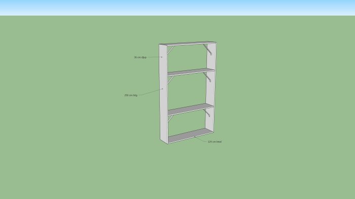 Skiss på en fristående hyllstruktur utan hjul, konstruerad i MDF eller plywood, mått angivna.